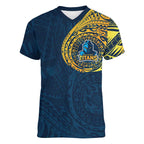 Personalized Gold Coast Titans Women V-Neck T-Shirt Polynesian Tribal Chest and Sleeve Tattoo