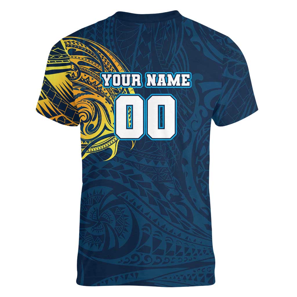 Personalized Gold Coast Titans Women V-Neck T-Shirt Polynesian Tribal Chest and Sleeve Tattoo
