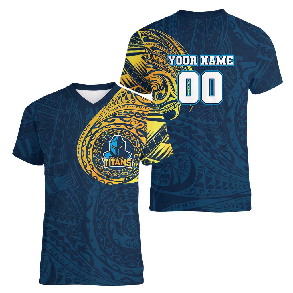 Personalized Gold Coast Titans Women V-Neck T-Shirt Polynesian Tribal Chest and Sleeve Tattoo