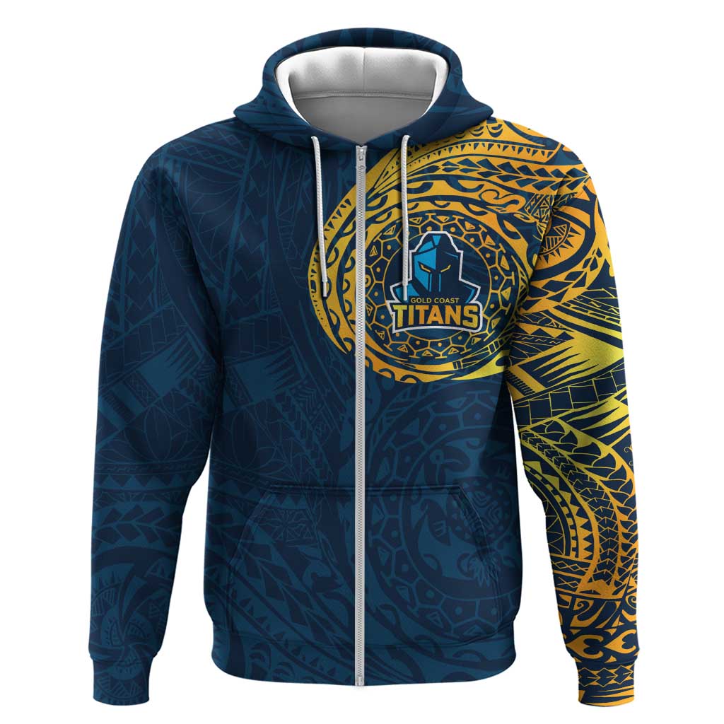 Personalized Gold Coast Titans Zip Hoodie Polynesian Tribal Chest and Sleeve Tattoo