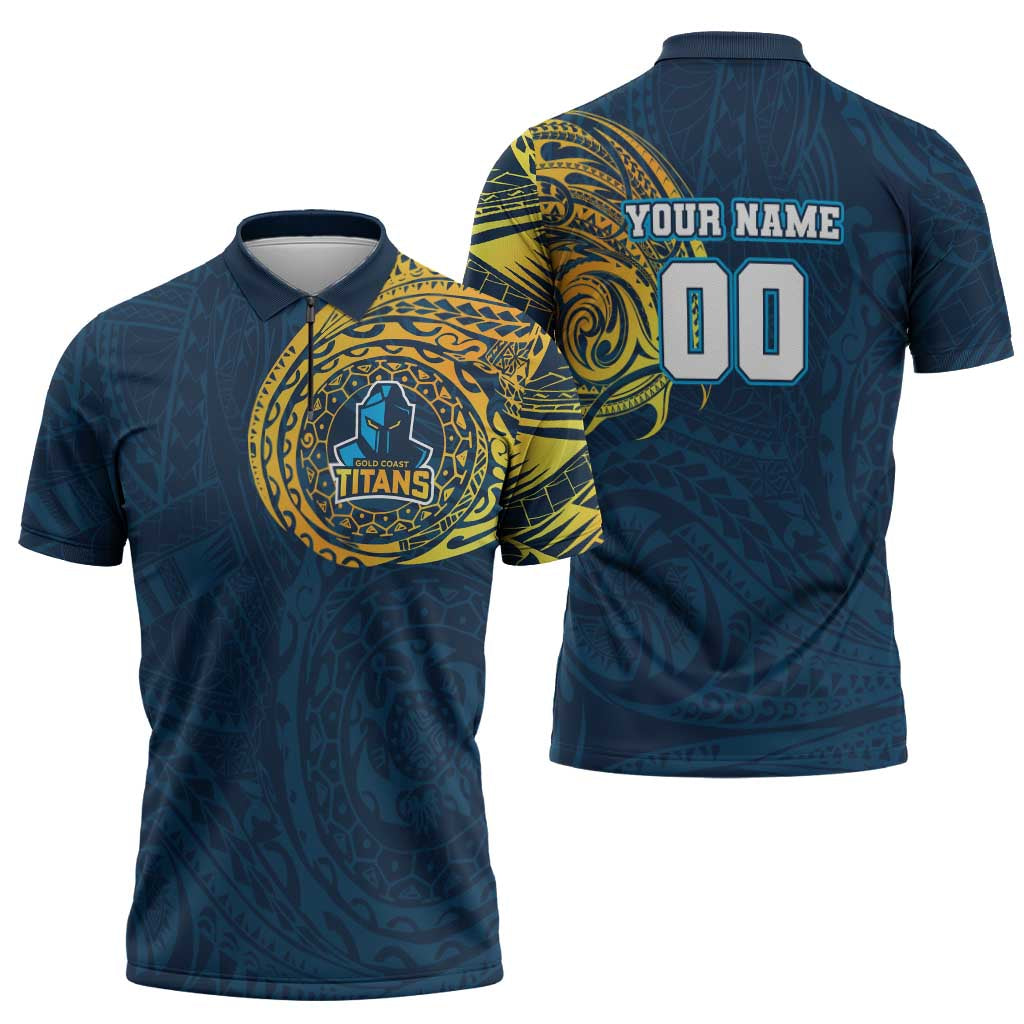 Personalized Gold Coast Titans Zipper Polo Shirt Polynesian Tribal Chest and Sleeve Tattoo