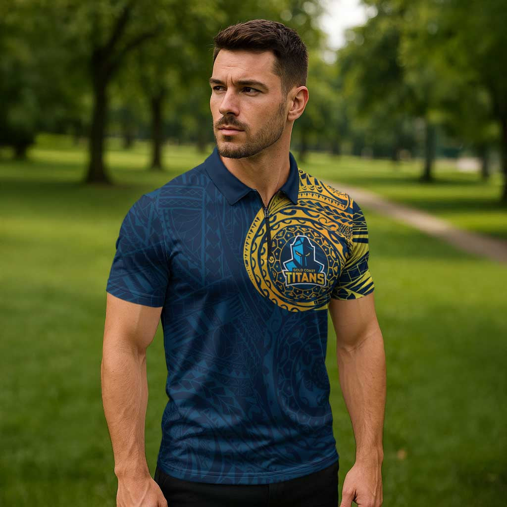 Personalized Gold Coast Titans Zipper Polo Shirt Polynesian Tribal Chest and Sleeve Tattoo