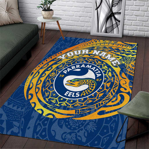 Personalized Parramatta Eels Area Rug Polynesian Tribal Chest and Sleeve Tattoo