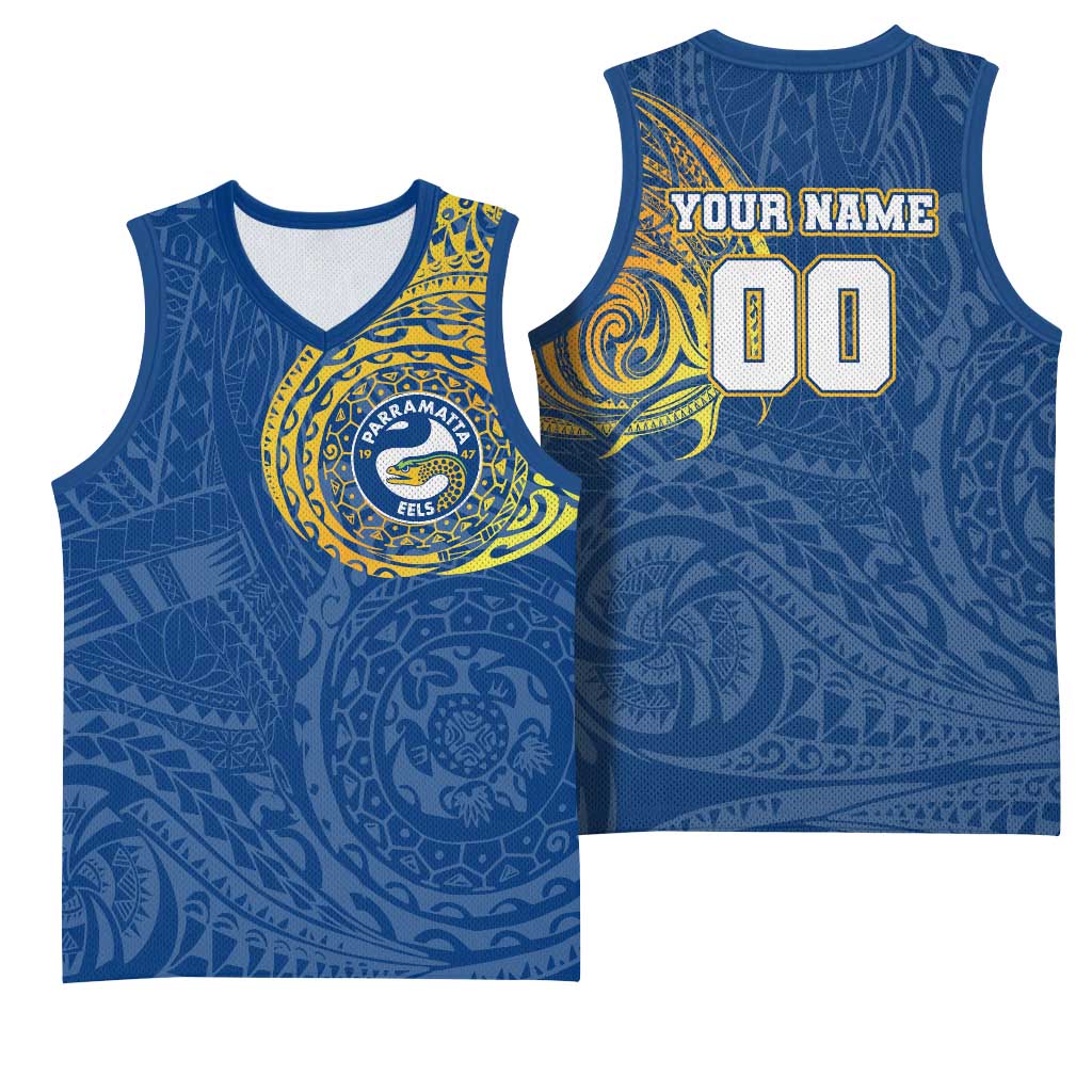 Personalized Parramatta Eels Basketball Jersey Polynesian Tribal Chest and Sleeve Tattoo