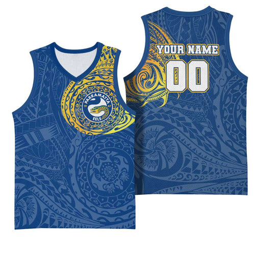 Personalized Parramatta Eels Basketball Jersey Polynesian Tribal Chest and Sleeve Tattoo