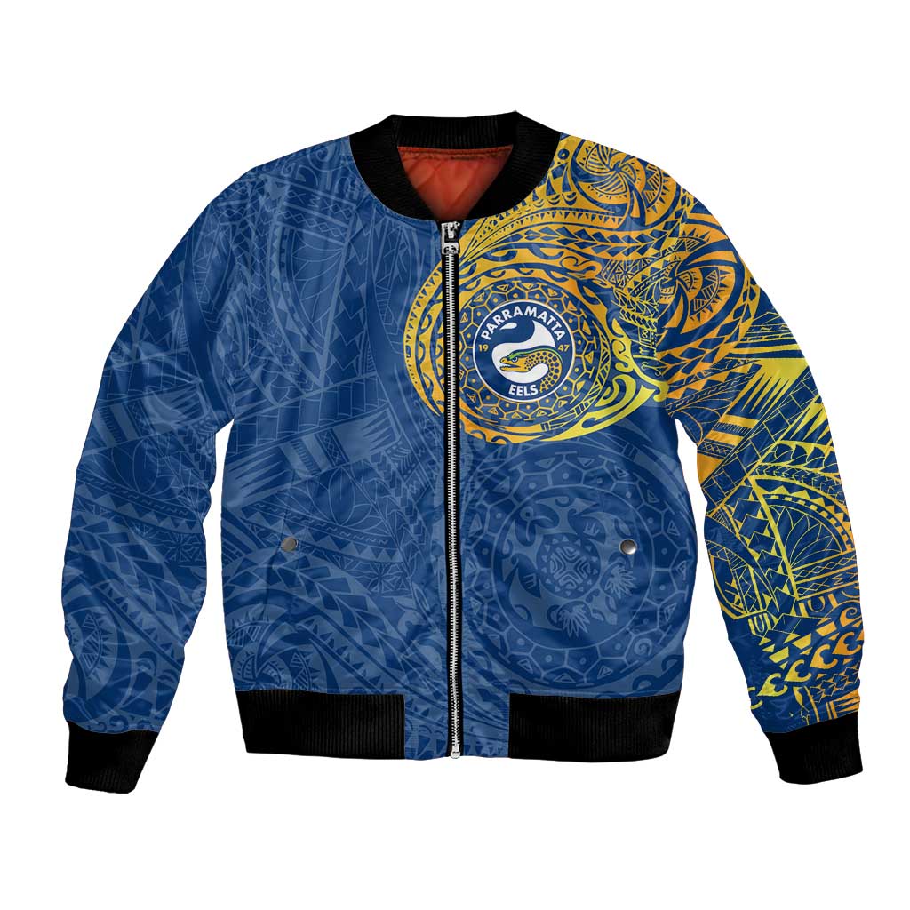 Personalized Parramatta Eels Bomber Jacket Polynesian Tribal Chest and Sleeve Tattoo