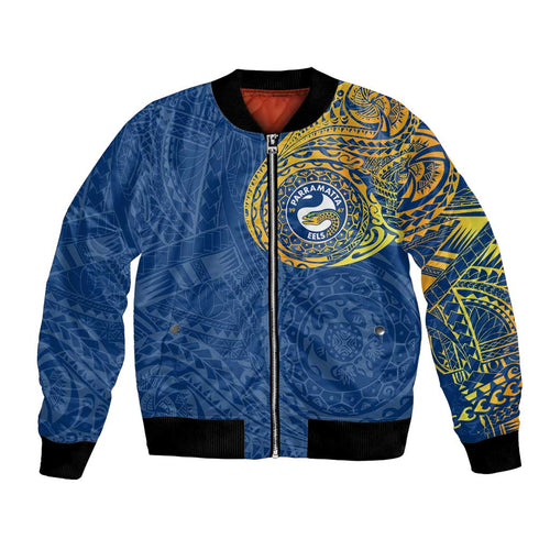Personalized Parramatta Eels Bomber Jacket Polynesian Tribal Chest and Sleeve Tattoo