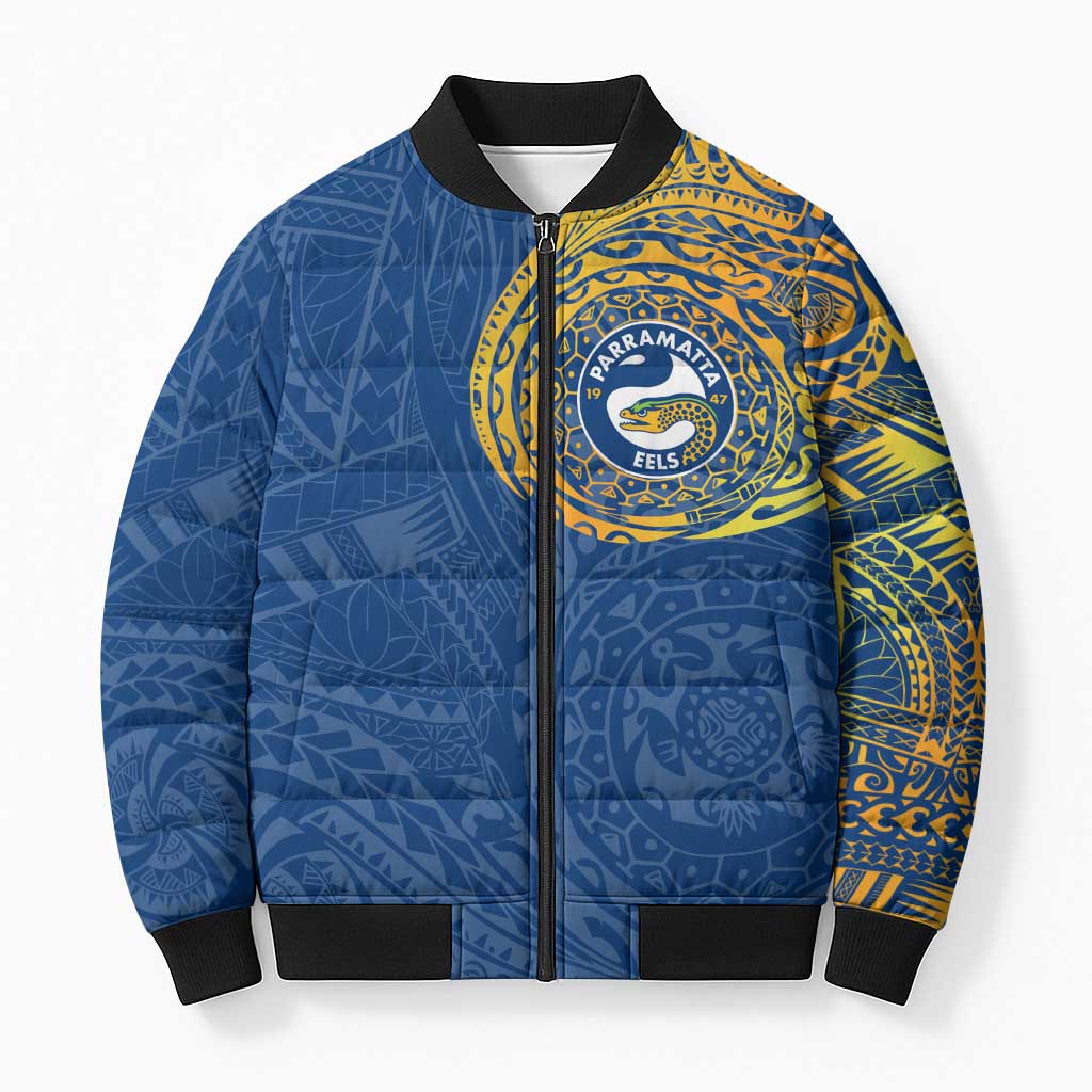 Personalized Parramatta Eels Bomber Puffer Jacket Polynesian Tribal Chest and Sleeve Tattoo