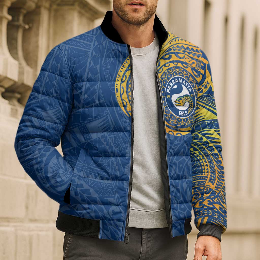 Personalized Parramatta Eels Bomber Puffer Jacket Polynesian Tribal Chest and Sleeve Tattoo