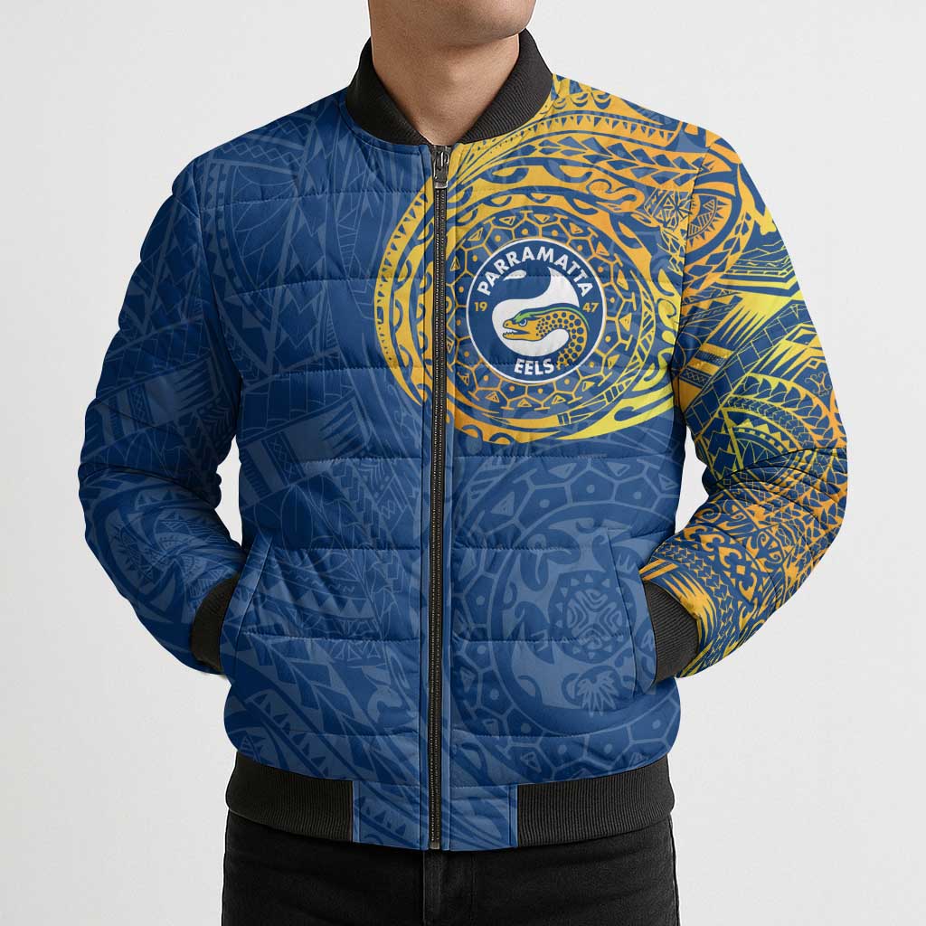 Personalized Parramatta Eels Bomber Puffer Jacket Polynesian Tribal Chest and Sleeve Tattoo