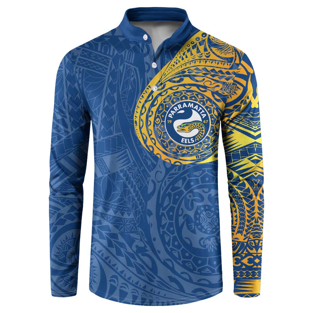 Personalized Parramatta Eels Button Sweatshirt Polynesian Tribal Chest and Sleeve Tattoo