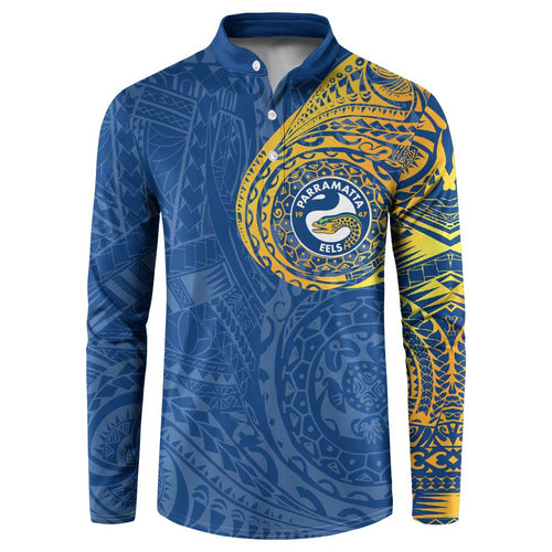 Personalized Parramatta Eels Button Sweatshirt Polynesian Tribal Chest and Sleeve Tattoo