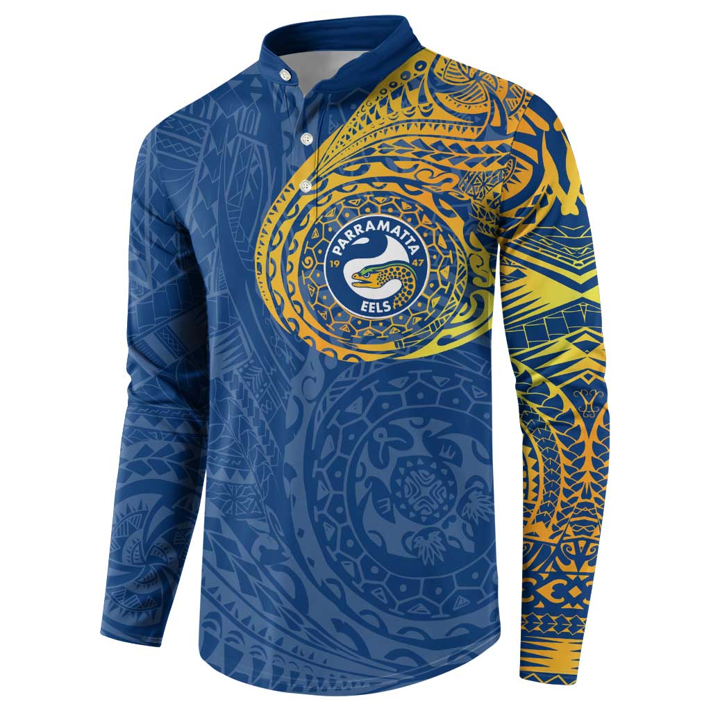 Personalized Parramatta Eels Button Sweatshirt Polynesian Tribal Chest and Sleeve Tattoo