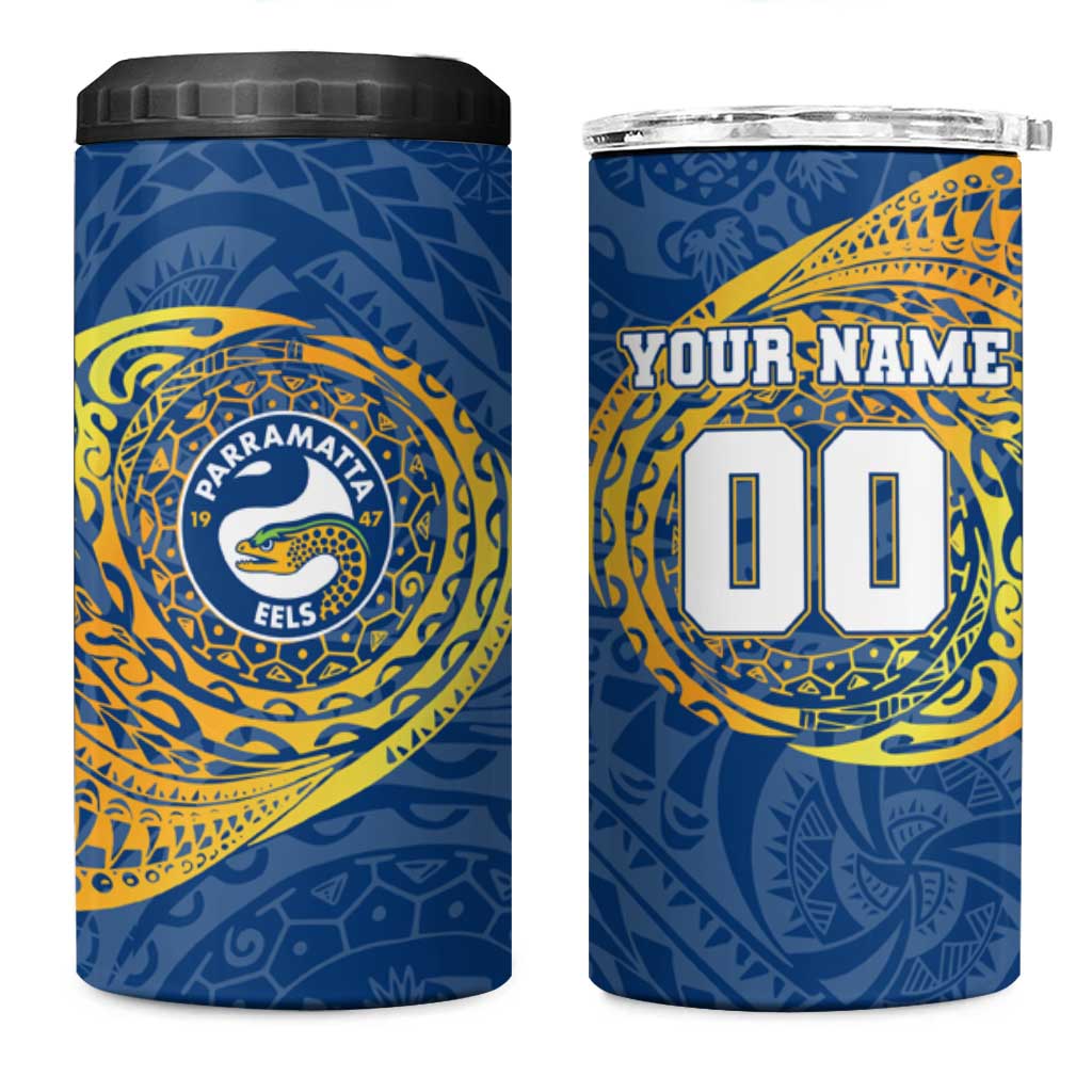 Personalized Parramatta Eels 4 in 1 Can Cooler Tumbler Polynesian Tribal Chest and Sleeve Tattoo