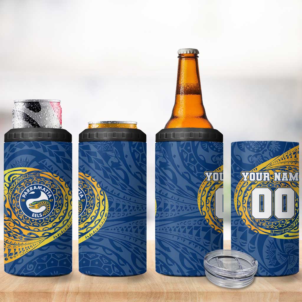 Personalized Parramatta Eels 4 in 1 Can Cooler Tumbler Polynesian Tribal Chest and Sleeve Tattoo