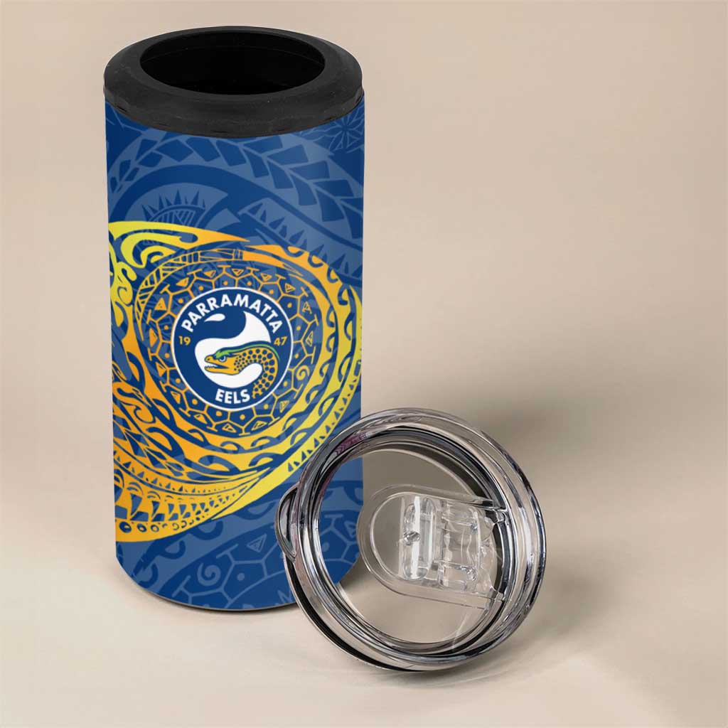 Personalized Parramatta Eels 4 in 1 Can Cooler Tumbler Polynesian Tribal Chest and Sleeve Tattoo