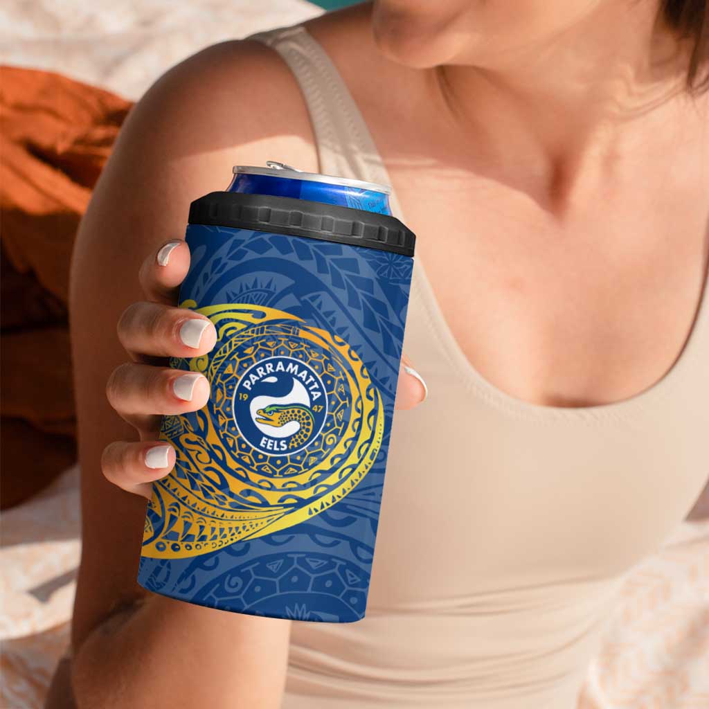 Personalized Parramatta Eels 4 in 1 Can Cooler Tumbler Polynesian Tribal Chest and Sleeve Tattoo