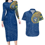 Personalized Parramatta Eels Couples Matching Long Sleeve Bodycon Dress and Hawaiian Shirt Polynesian Tribal Chest and Sleeve Tattoo