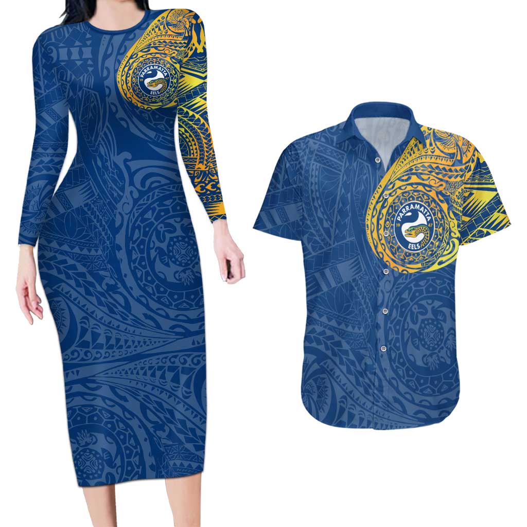 Personalized Parramatta Eels Couples Matching Long Sleeve Bodycon Dress and Hawaiian Shirt Polynesian Tribal Chest and Sleeve Tattoo