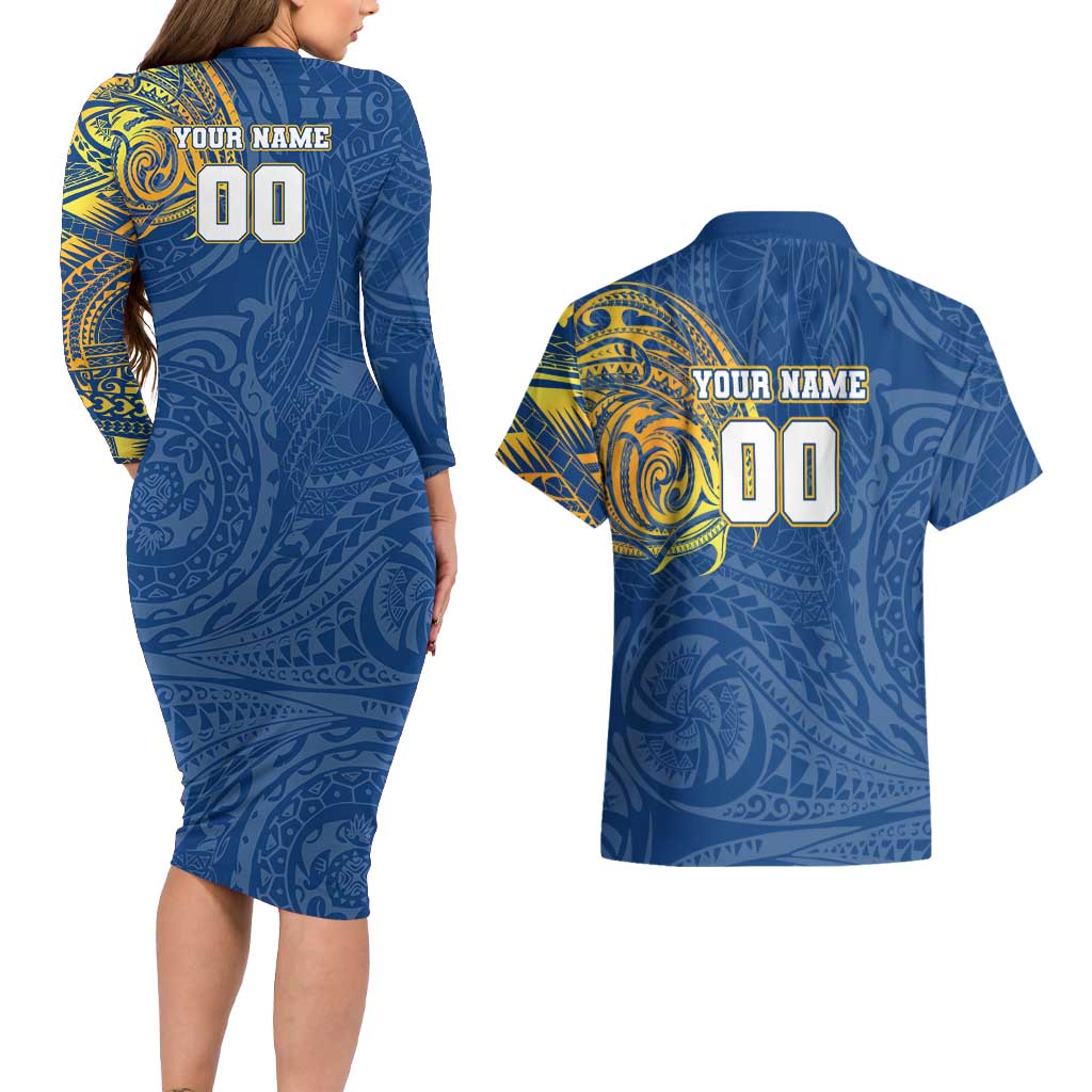 Personalized Parramatta Eels Couples Matching Long Sleeve Bodycon Dress and Hawaiian Shirt Polynesian Tribal Chest and Sleeve Tattoo