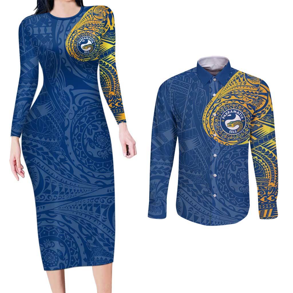 Personalized Parramatta Eels Couples Matching Long Sleeve Bodycon Dress and Long Sleeve Button Shirt Polynesian Tribal Chest and Sleeve Tattoo