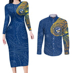Personalized Parramatta Eels Couples Matching Long Sleeve Bodycon Dress and Long Sleeve Button Shirt Polynesian Tribal Chest and Sleeve Tattoo