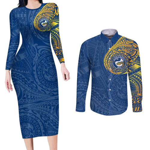 Personalized Parramatta Eels Couples Matching Long Sleeve Bodycon Dress and Long Sleeve Button Shirt Polynesian Tribal Chest and Sleeve Tattoo
