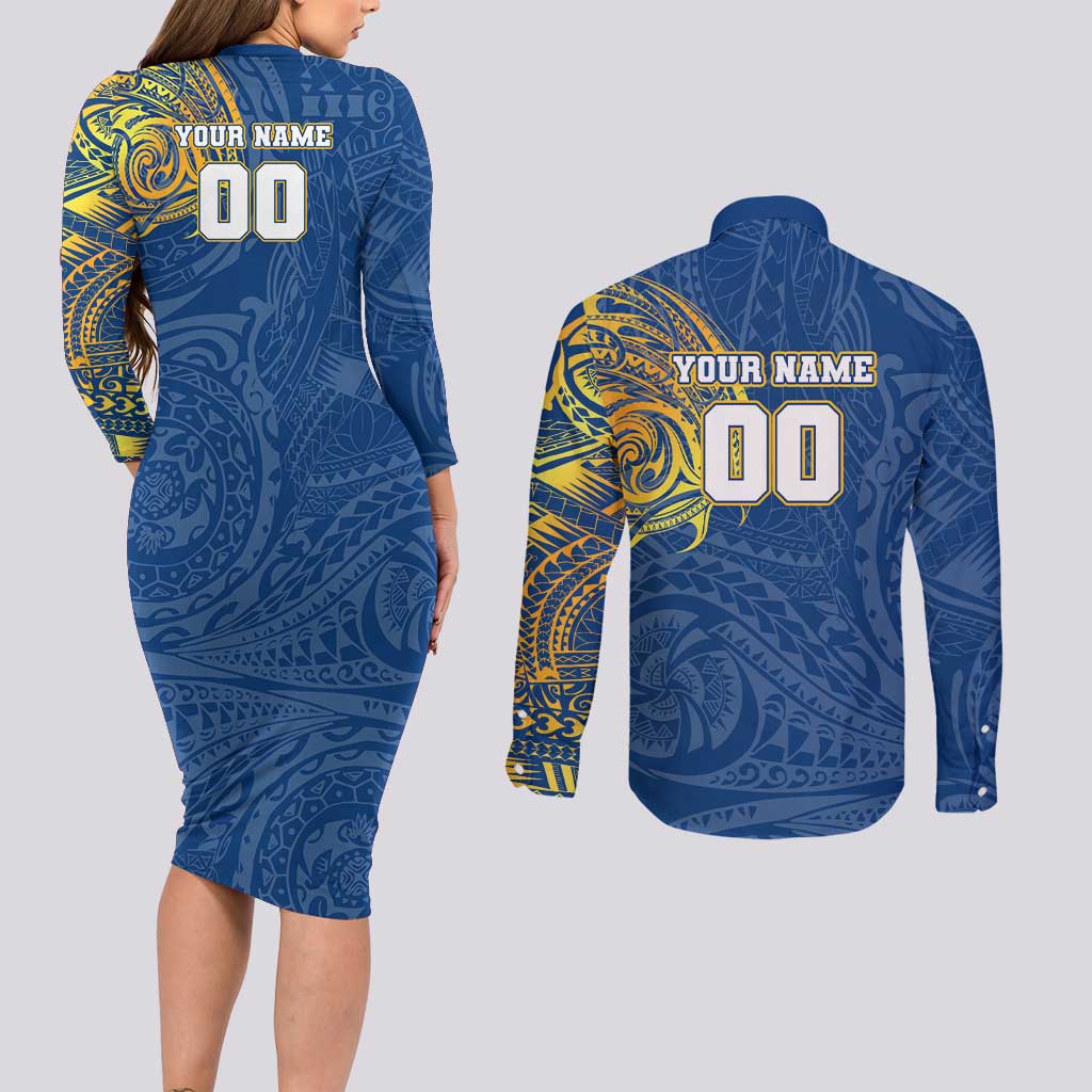 Personalized Parramatta Eels Couples Matching Long Sleeve Bodycon Dress and Long Sleeve Button Shirt Polynesian Tribal Chest and Sleeve Tattoo