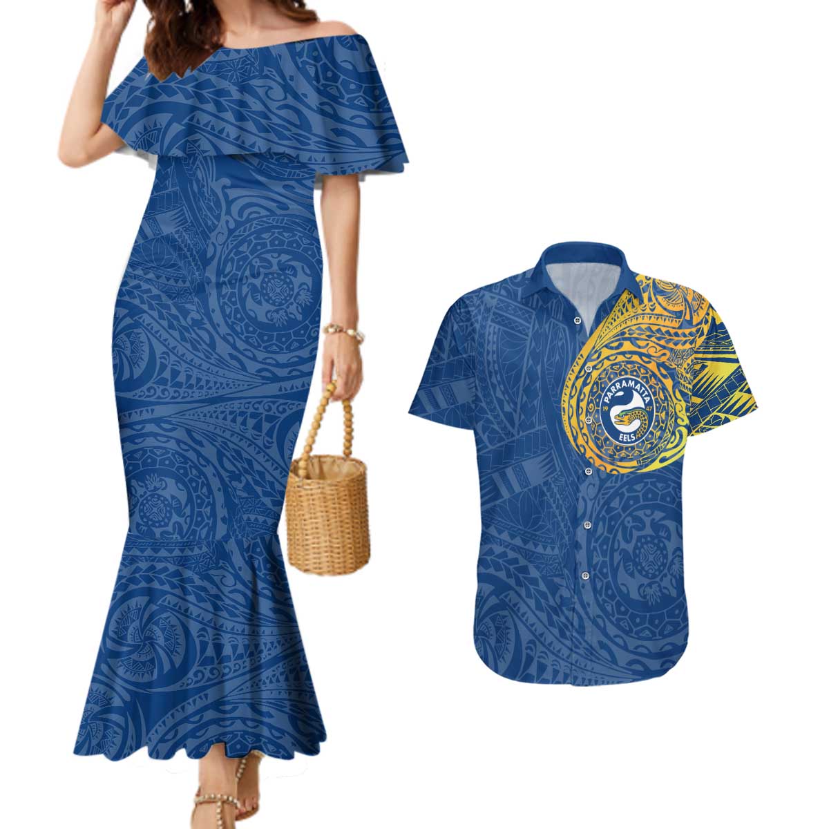 Personalized Parramatta Eels Couples Matching Mermaid Dress and Hawaiian Shirt Polynesian Tribal Chest and Sleeve Tattoo