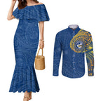 Personalized Parramatta Eels Couples Matching Mermaid Dress and Long Sleeve Button Shirt Polynesian Tribal Chest and Sleeve Tattoo