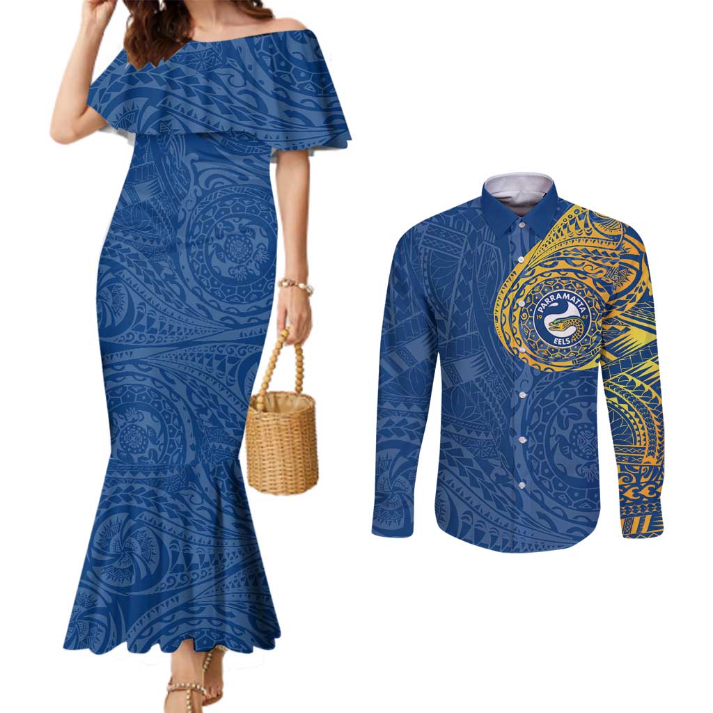 Personalized Parramatta Eels Couples Matching Mermaid Dress and Long Sleeve Button Shirt Polynesian Tribal Chest and Sleeve Tattoo