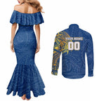 Personalized Parramatta Eels Couples Matching Mermaid Dress and Long Sleeve Button Shirt Polynesian Tribal Chest and Sleeve Tattoo