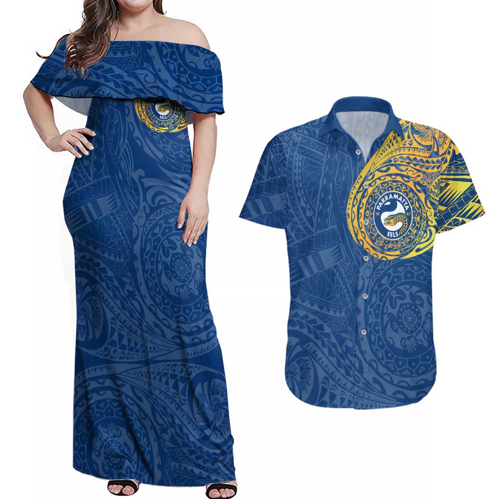 Personalized Parramatta Eels Couples Matching Off Shoulder Maxi Dress and Hawaiian Shirt Polynesian Tribal Chest and Sleeve Tattoo