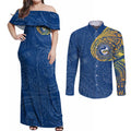 Personalized Parramatta Eels Couples Matching Off Shoulder Maxi Dress and Long Sleeve Button Shirt Polynesian Tribal Chest and Sleeve Tattoo