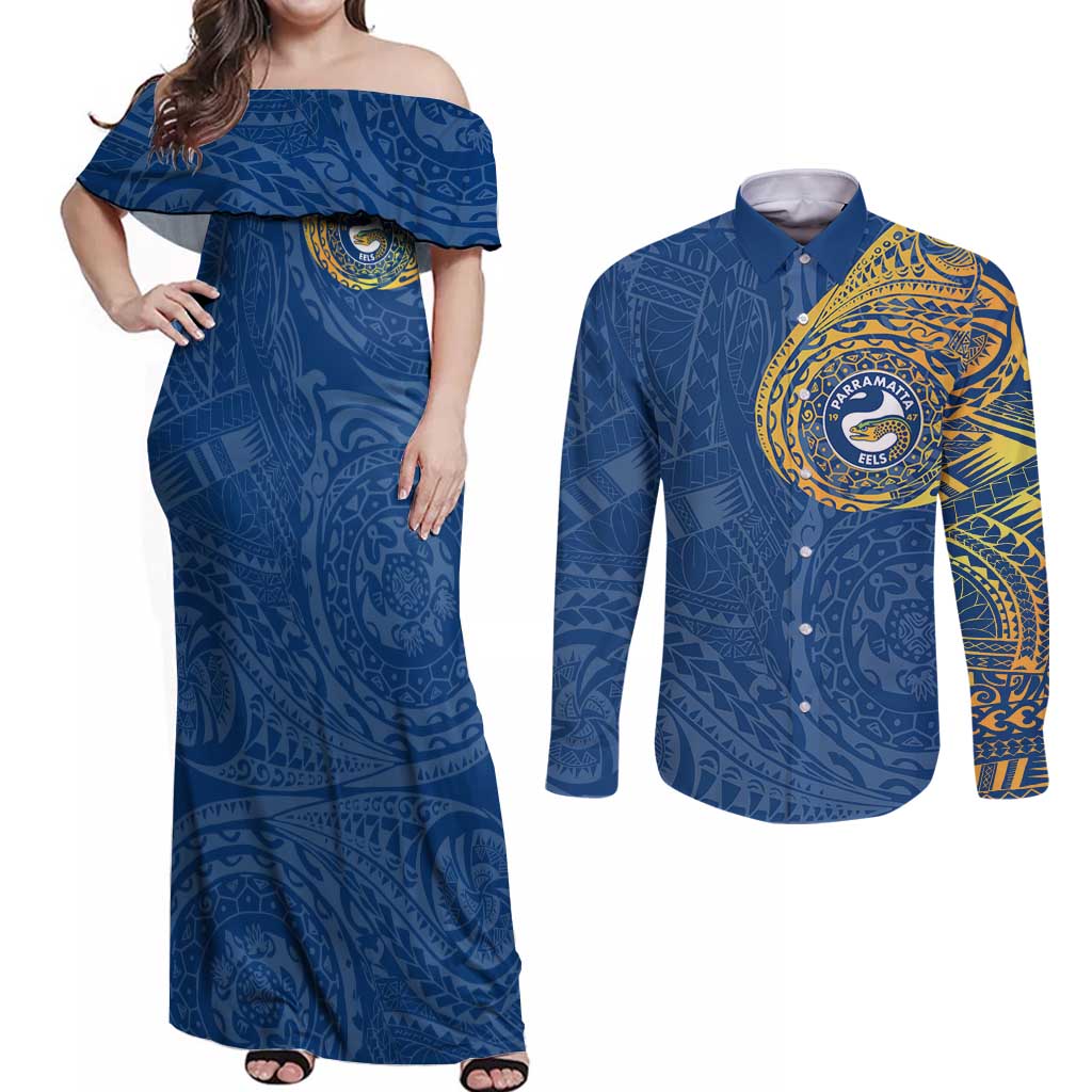 Personalized Parramatta Eels Couples Matching Off Shoulder Maxi Dress and Long Sleeve Button Shirt Polynesian Tribal Chest and Sleeve Tattoo