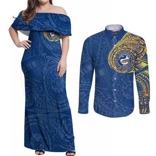 Personalized Parramatta Eels Couples Matching Off Shoulder Maxi Dress and Long Sleeve Button Shirt Polynesian Tribal Chest and Sleeve Tattoo