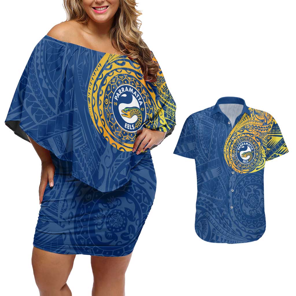 Personalized Parramatta Eels Couples Matching Off Shoulder Short Dress and Hawaiian Shirt Polynesian Tribal Chest and Sleeve Tattoo