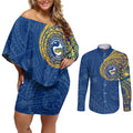 Personalized Parramatta Eels Couples Matching Off Shoulder Short Dress and Long Sleeve Button Shirt Polynesian Tribal Chest and Sleeve Tattoo