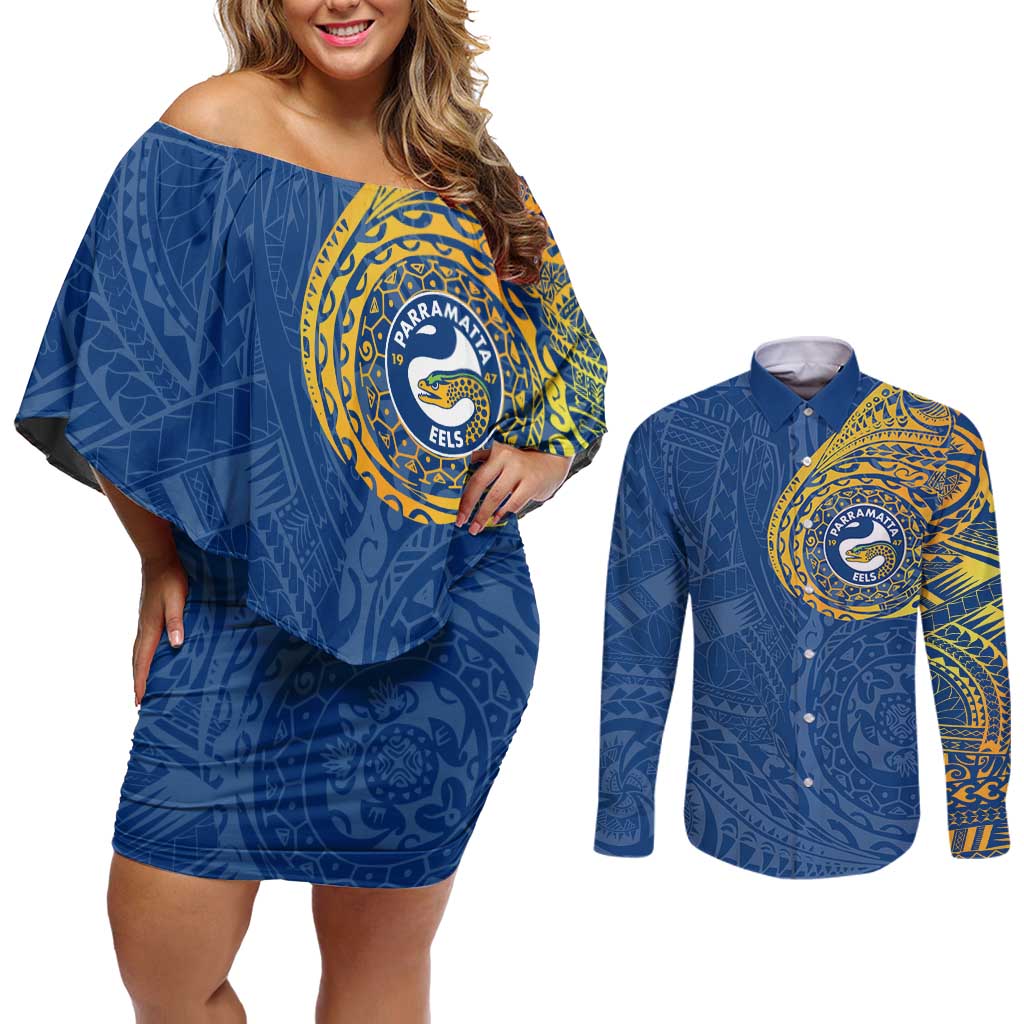 Personalized Parramatta Eels Couples Matching Off Shoulder Short Dress and Long Sleeve Button Shirt Polynesian Tribal Chest and Sleeve Tattoo