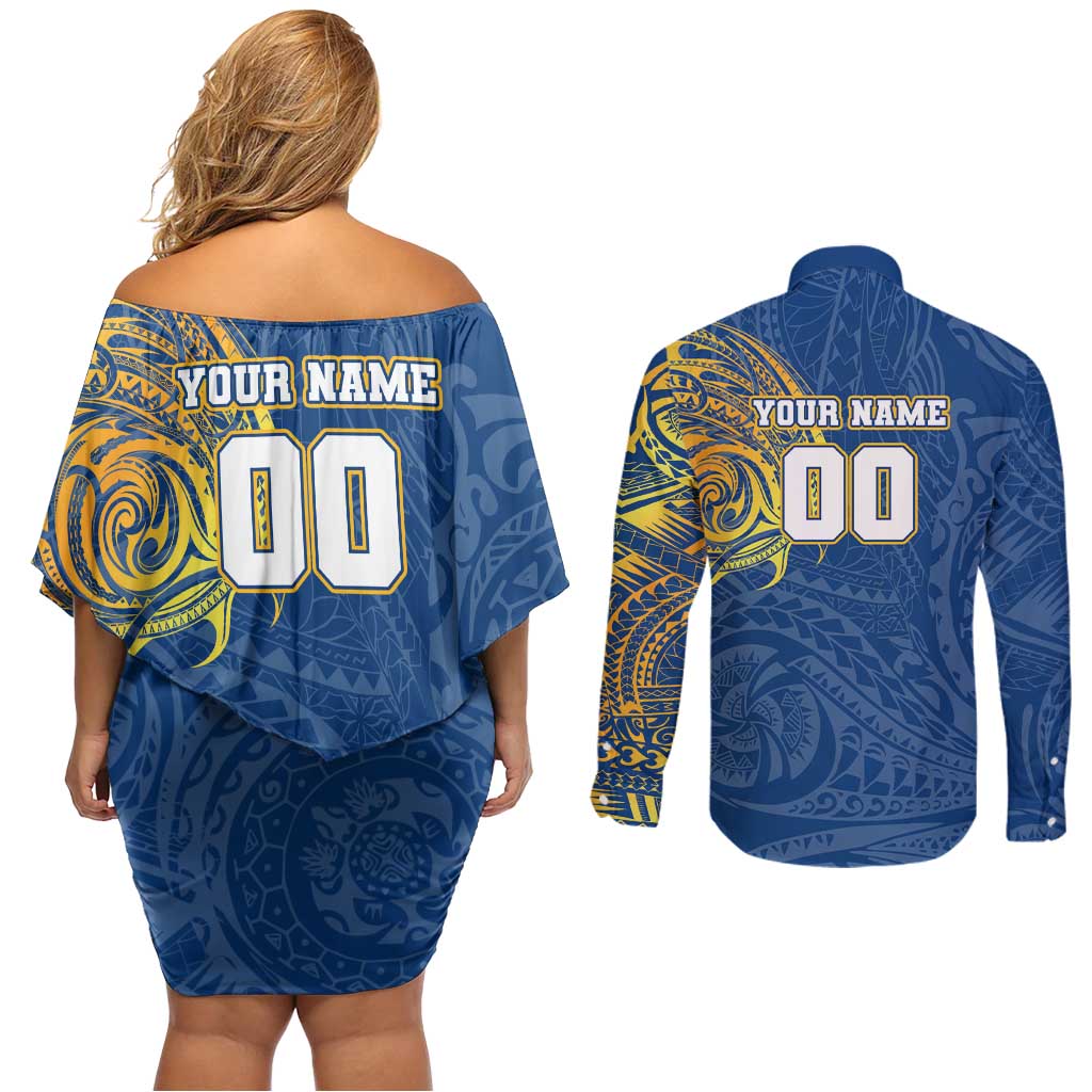Personalized Parramatta Eels Couples Matching Off Shoulder Short Dress and Long Sleeve Button Shirt Polynesian Tribal Chest and Sleeve Tattoo