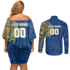 Personalized Parramatta Eels Couples Matching Off Shoulder Short Dress and Long Sleeve Button Shirt Polynesian Tribal Chest and Sleeve Tattoo