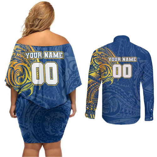 Personalized Parramatta Eels Couples Matching Off Shoulder Short Dress and Long Sleeve Button Shirt Polynesian Tribal Chest and Sleeve Tattoo