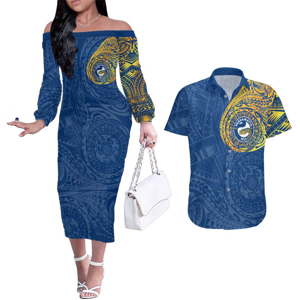 Personalized Parramatta Eels Couples Matching Off The Shoulder Long Sleeve Dress and Hawaiian Shirt Polynesian Tribal Chest and Sleeve Tattoo
