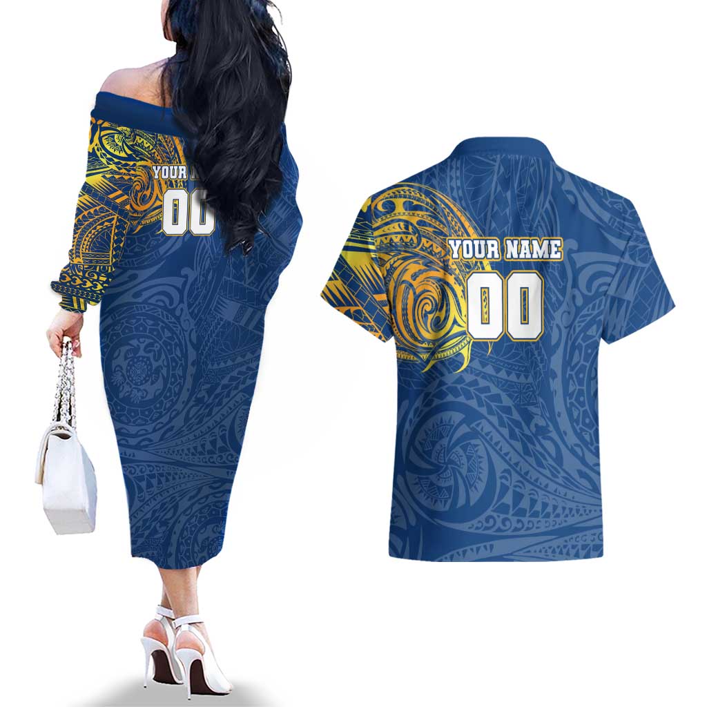 Personalized Parramatta Eels Couples Matching Off The Shoulder Long Sleeve Dress and Hawaiian Shirt Polynesian Tribal Chest and Sleeve Tattoo