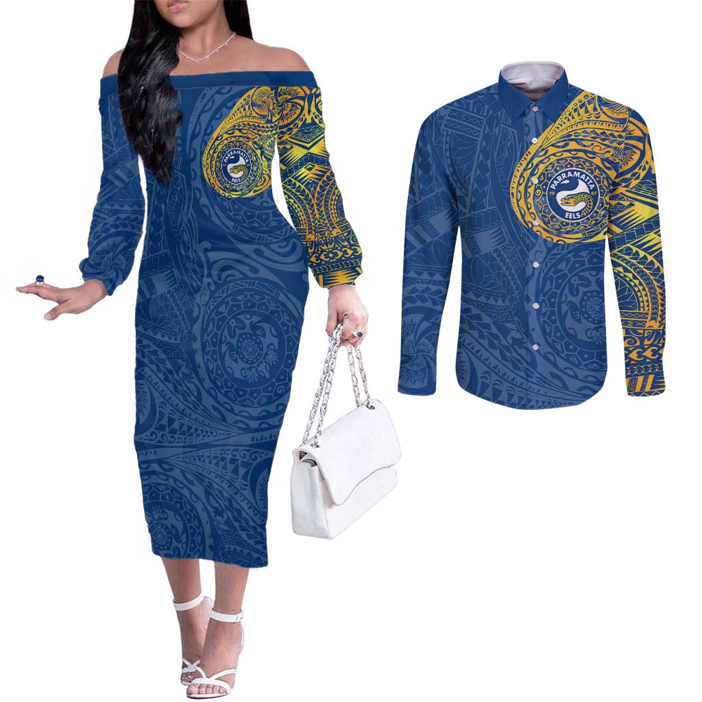 Personalized Parramatta Eels Couples Matching Off The Shoulder Long Sleeve Dress and Long Sleeve Button Shirt Polynesian Tribal Chest and Sleeve Tattoo
