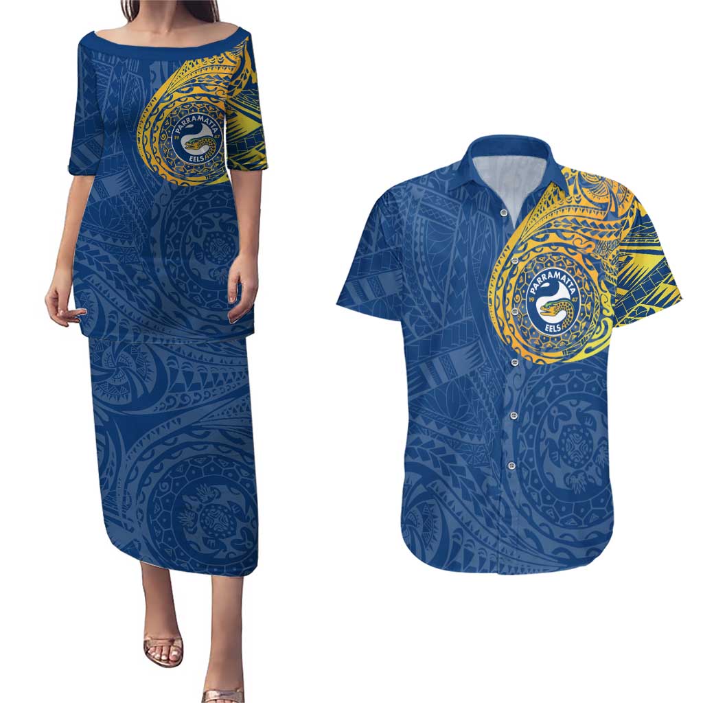 Personalized Parramatta Eels Couples Matching Puletasi and Hawaiian Shirt Polynesian Tribal Chest and Sleeve Tattoo