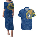 Personalized Parramatta Eels Couples Matching Puletasi and Hawaiian Shirt Polynesian Tribal Chest and Sleeve Tattoo