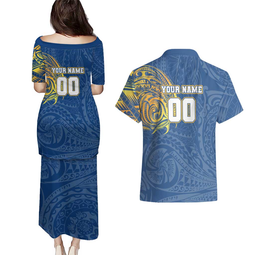 Personalized Parramatta Eels Couples Matching Puletasi and Hawaiian Shirt Polynesian Tribal Chest and Sleeve Tattoo