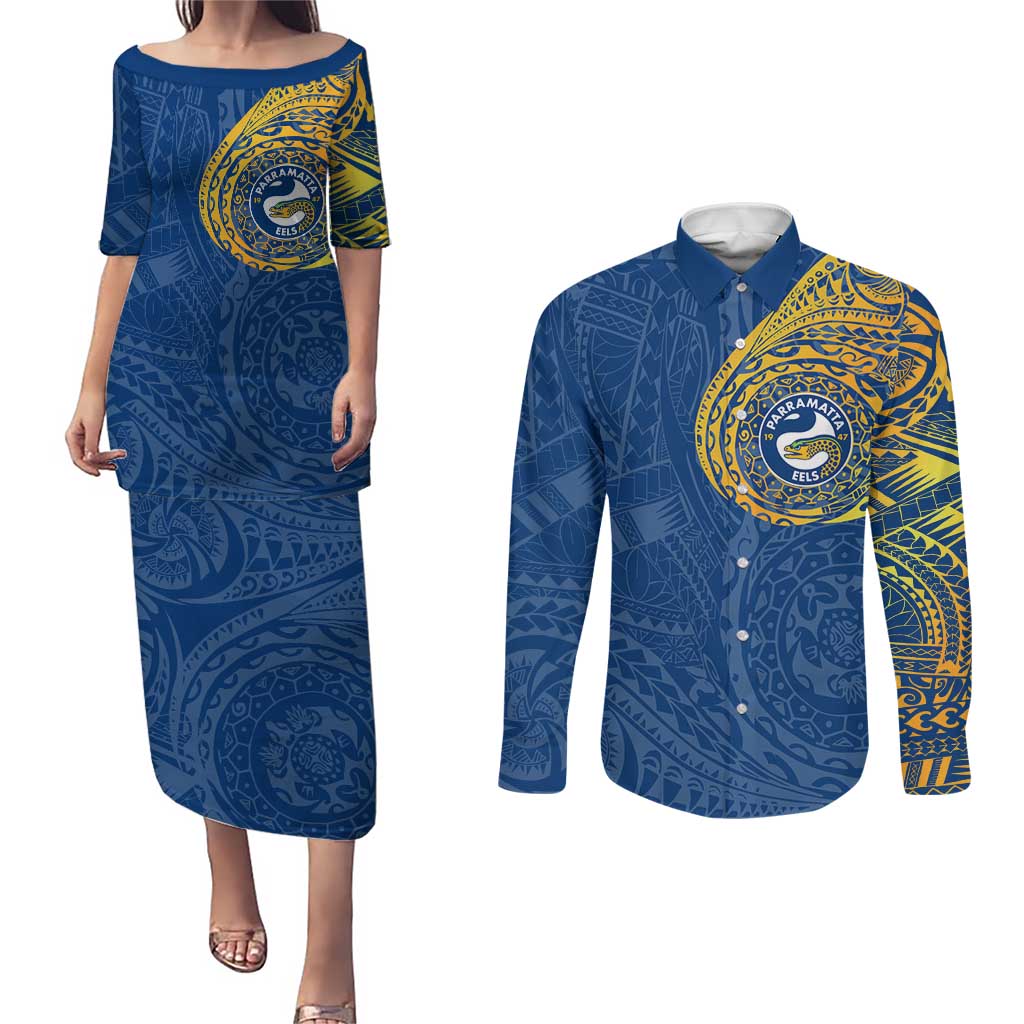 Personalized Parramatta Eels Couples Matching Puletasi and Long Sleeve Button Shirt Polynesian Tribal Chest and Sleeve Tattoo