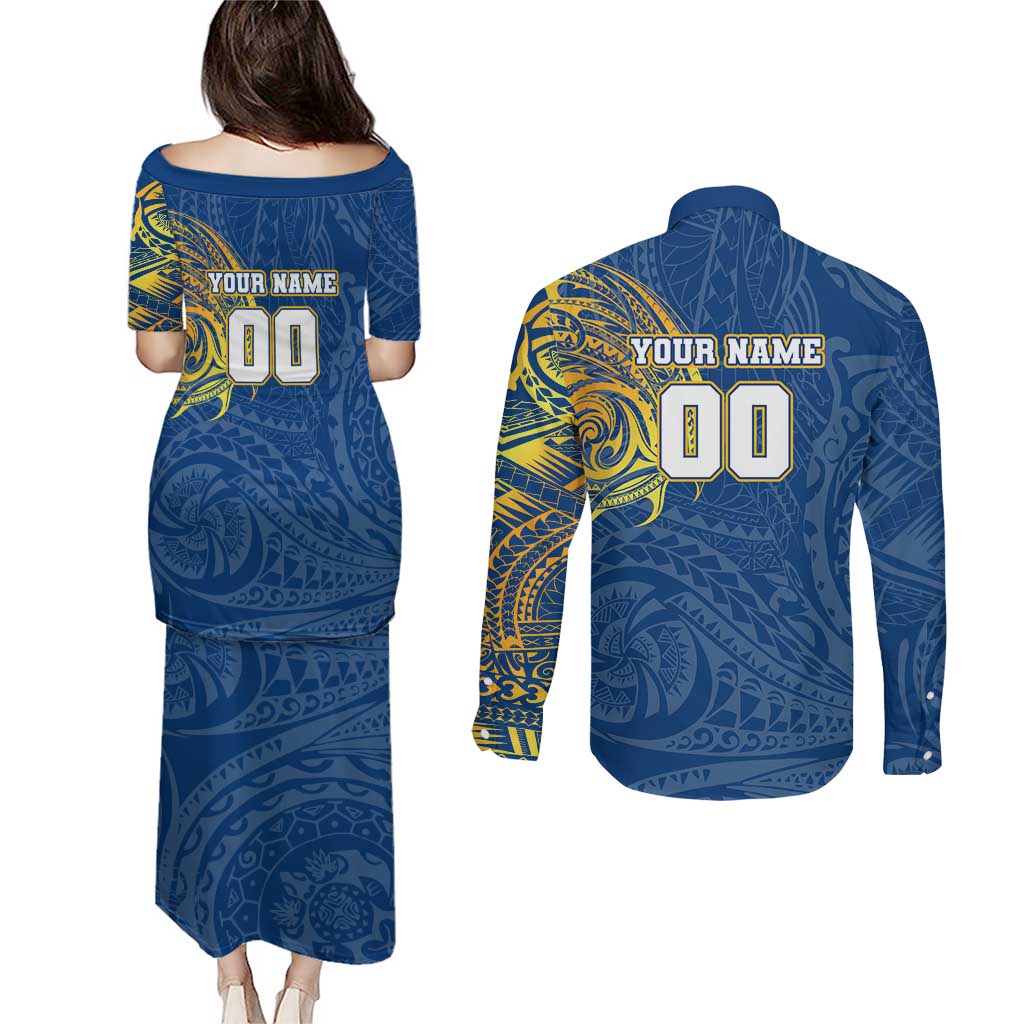 Personalized Parramatta Eels Couples Matching Puletasi and Long Sleeve Button Shirt Polynesian Tribal Chest and Sleeve Tattoo